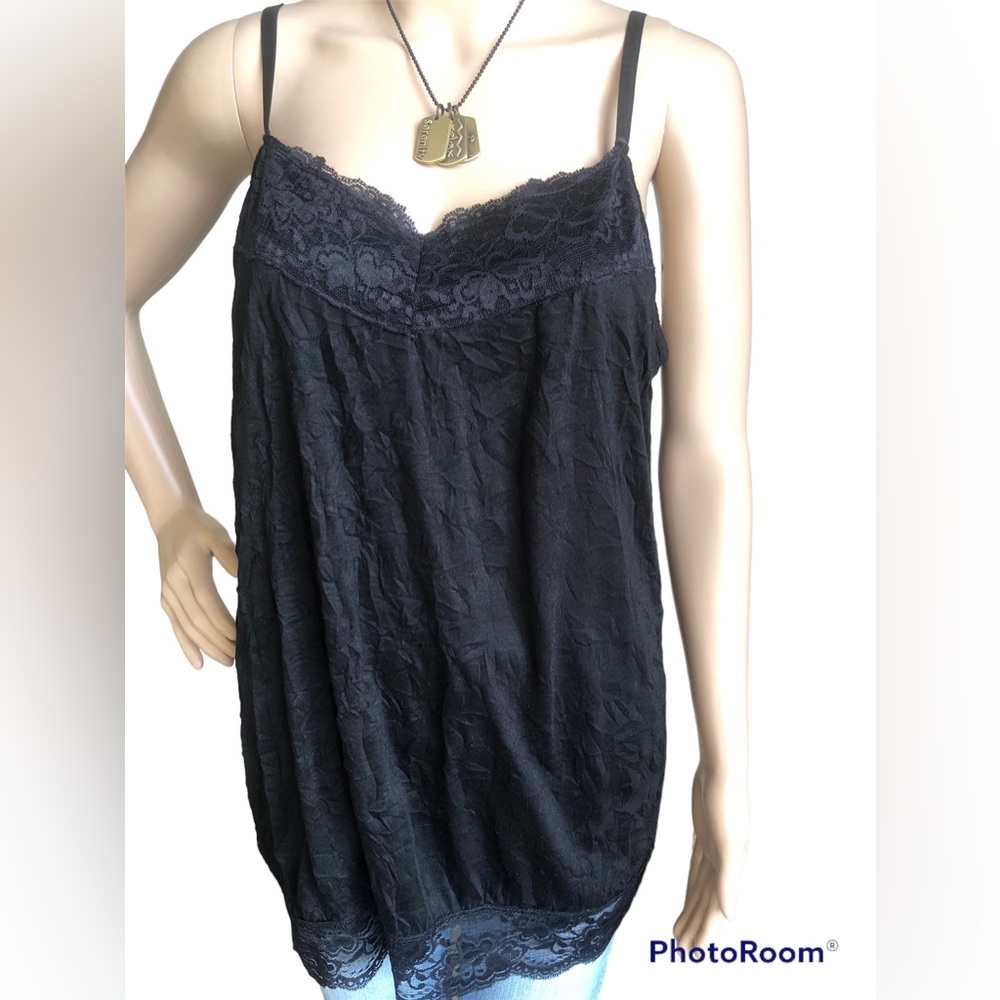 Initiative Black Crinkle Tank Top with Lace